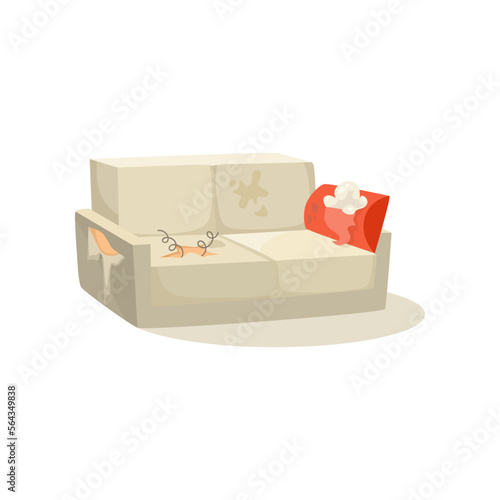 Old broken sofa with torn pillow vector illustration. Dirty white couch with holes and stains for living room isolated on white background. Furniture, interior design concept