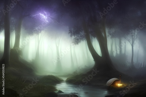 beautiful and mystical mistry forest scene with mushrooms