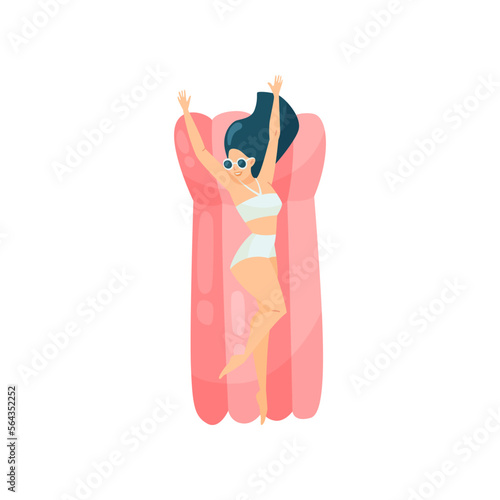 Cartoon woman on pool mattress vector illustration. Doodle of girl sunbathing isolated on white background. Summer, vacation concept