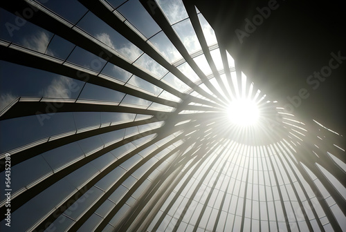 Sun shining through metal and glass architecture.