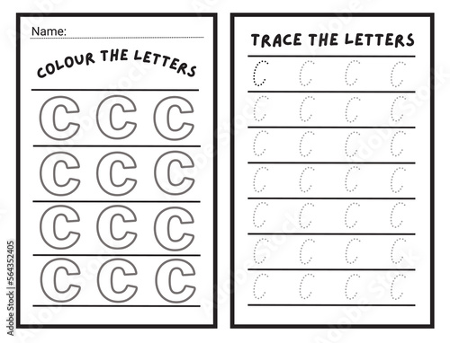 Alphabet letters tracing worksheet with alphabet letter C. Basic writing practice for kindergarten kids worksheet ready to print vector illustration