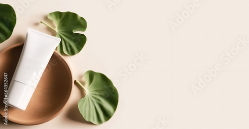 Facial moisturizer on wooden plate with Centella leaves  on beige background flat lay, top view. Set for skin and body care beauty product banner format AI Generated