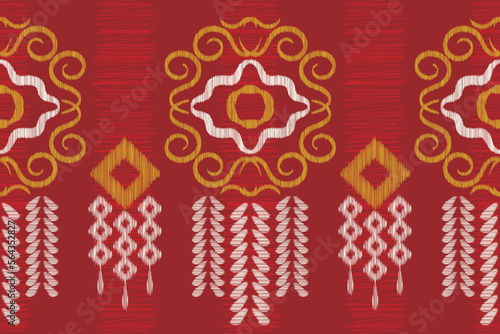 Ethnic Ikat fabric pattern geometric style.African Ikat embroidery Ethnic oriental pattern crimson red background. Abstract,vector,illustration. use for texture,clothing,wrapping,decoration,carpet.