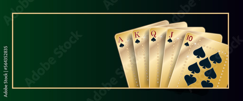 Royal flush in spades on dark green background. Vector illustration for online casino, gambling poker game
