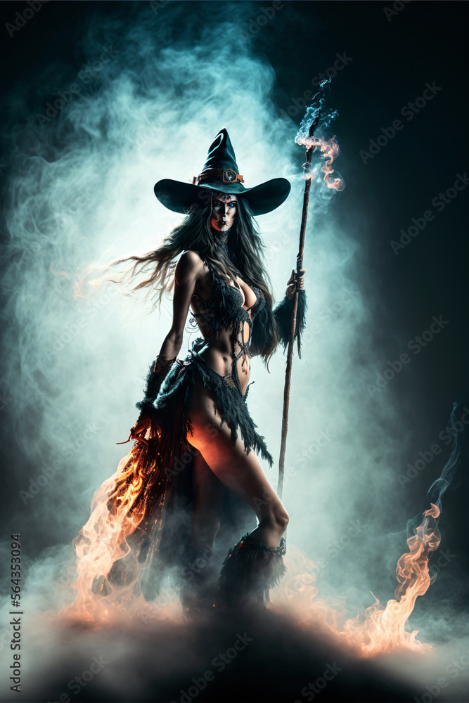 Obraz premium Seductive sexy witch wearing gothic dress with broom and flames. Designed using generative ai