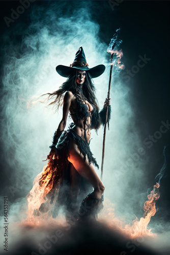 Seductive sexy witch wearing gothic dress with broom and flames. Designed using generative ai