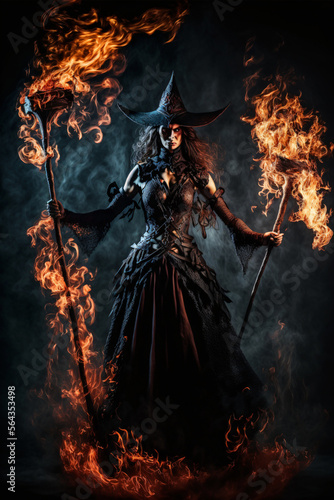 Seductive sexy witch wearing gothic dress with broom and flames. Designed using generative ai