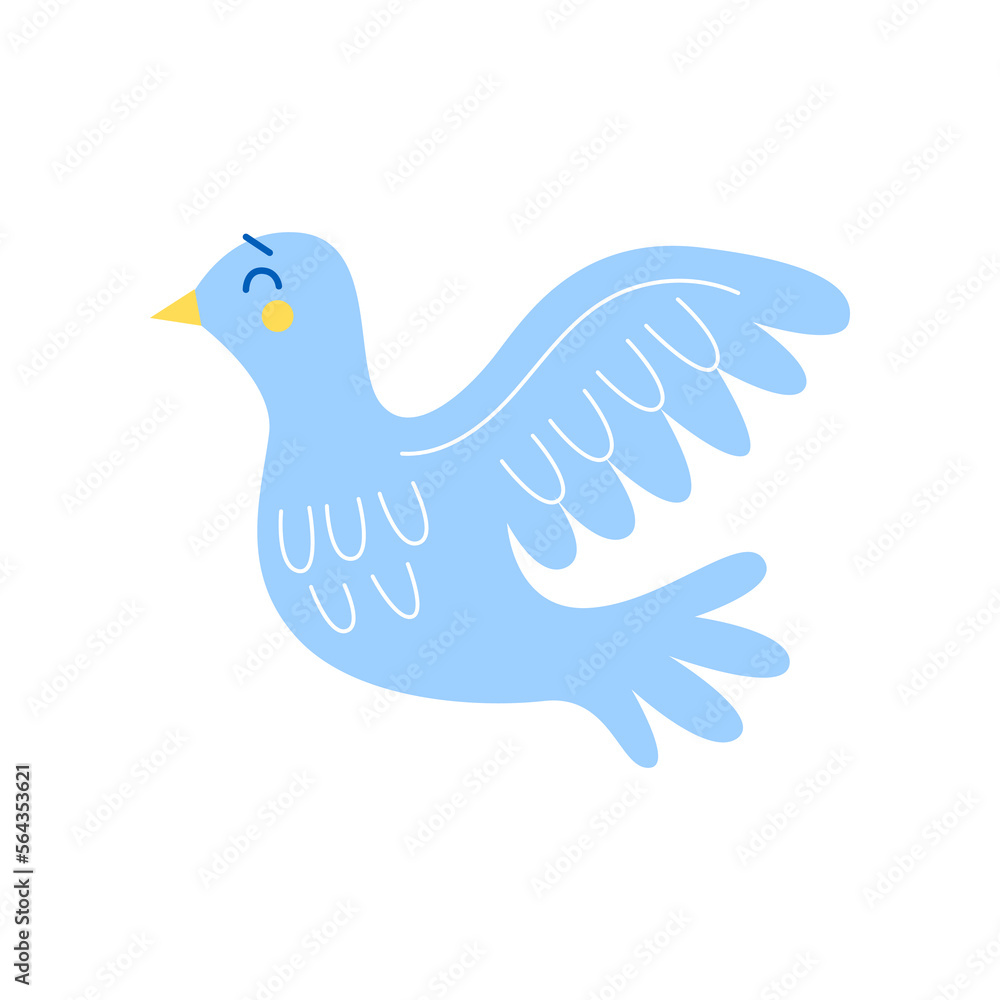 Side view of blue dove as symbol of peace vector illustration. Cartoon drawing of cute bird character or anti-war element isolated on white background. War, military, peace concept Side view of blue dove as symbol of peace vector illustration. Cartoon drawing of cute bird character or anti-war element isolated on white background. War, military, peace concept
