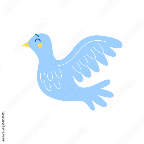 Side view of blue dove as symbol of peace vector illustration. Cartoon drawing of cute bird character or anti-war element isolated on white background. War, military, peace concept