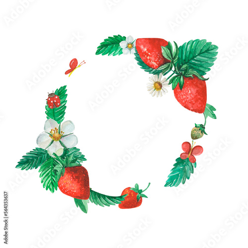 Watercolor bright wreath with strawberry branches. Colorful red berries, white flowers, leaves, butterfly and ladybug. Illustration for postcards, birthday greetings, invitation etc.