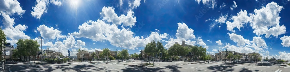 Bright blue skies and fluffy white clouds on a bright and sunny day - A panoramic view of the sky made by generative AI