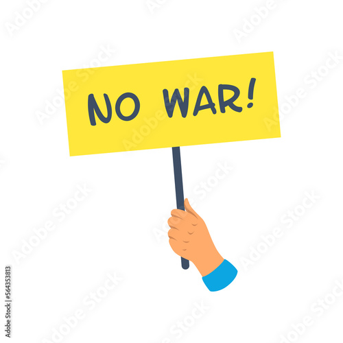 Hand holding no war sign vector illustration. Cartoon drawing of patriot with placard or anti-war element isolated on white background. War, military, peace, support concept