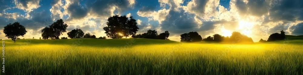 panoramic image of a grassy field outdoors on a sunny afternoon day during the summer season. Generative AI image panoramic image of a grassy field outdoors on a sunny afternoon day during the summer season. Generative AI image