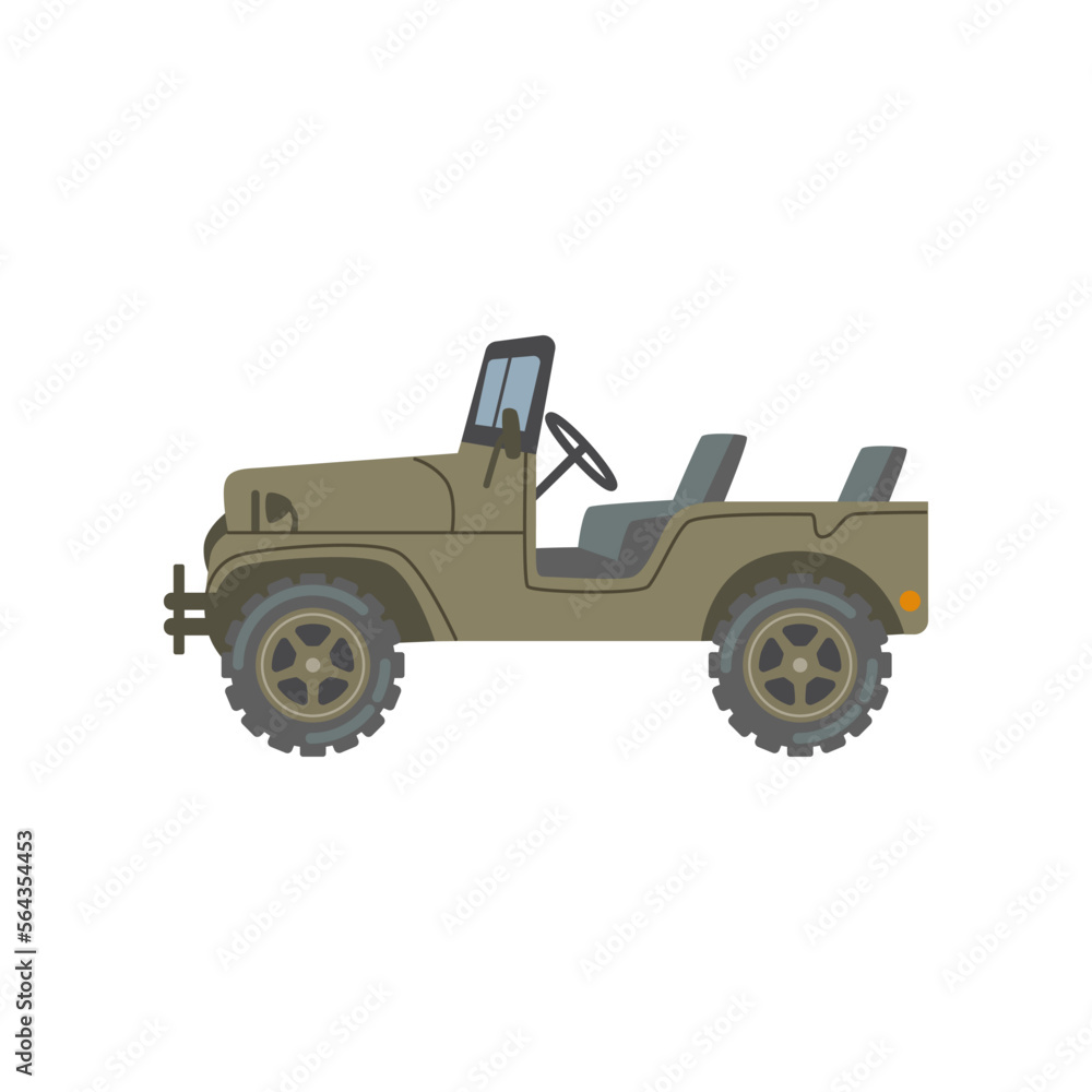 Military open jeep vector illustration. Cartoon drawing of heavy vehicle for armed forces isolated on white background. War, army, transportation, technology concept Military open jeep vector illustration. Cartoon drawing of heavy vehicle for armed forces isolated on white background. War, army, transportation, technology concept