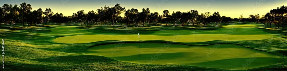 Obraz premium A sunny afternoon on the golf course - panoramic extra wide view of a gorgeous, well-maintained green golf course on a bright sunny day by generative AI