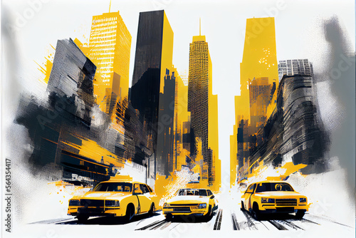 Poster, abstract watercolor illustration of New York landmarks and skyscrapers, double exposure. AI generated. © serperm73