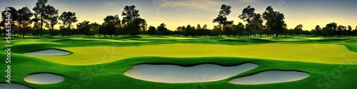 A sunny afternoon on the golf course - panoramic extra wide view of a gorgeous, well-maintained green golf course on a bright sunny day by generative AI