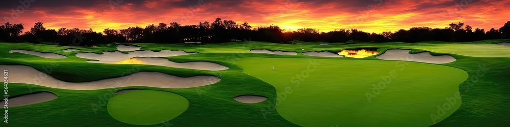 Fototapeta premium The sun sets on the golf course - panoramic extra wide view of a gorgeous, well-maintained green golf course during a gorgeous sunset by generative AI