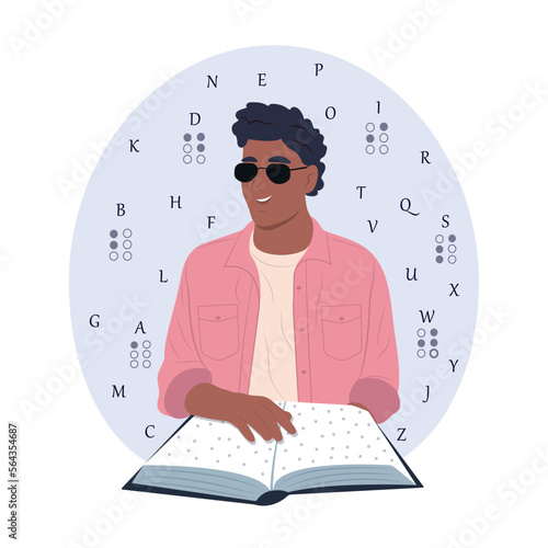 Young black smiling blind man wearing glasses reads something in braille. World Braille Day.