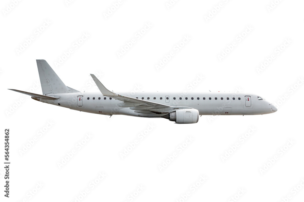 White passenger airplane flying isolated on transparent background