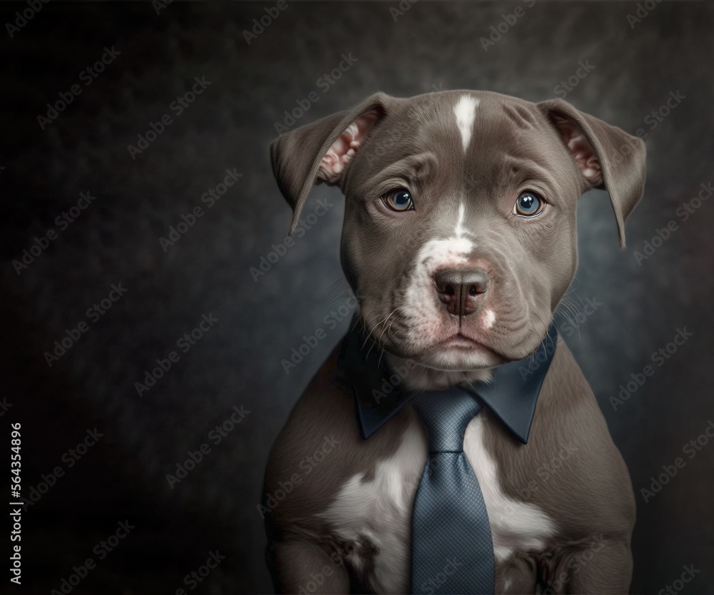 Staffordshire bull terrier, pit bull puppy dog is wearing a business suit tie . This is a photo of a pet dog. A very sweet pup with expressive eyes. . generative ai art.