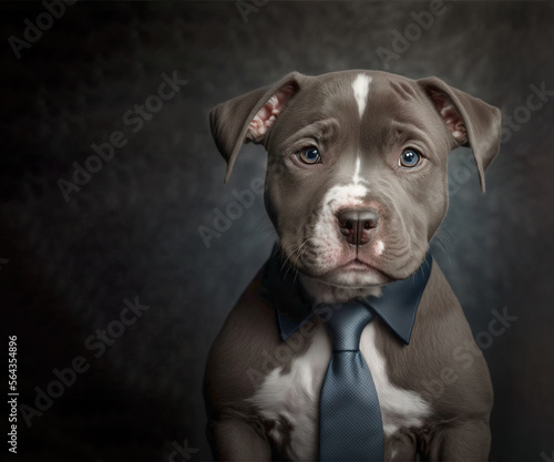 Staffordshire bull terrier, pit bull puppy dog is wearing a business suit tie . This is a photo of a pet dog. A very sweet pup with expressive eyes. . generative ai art. photo