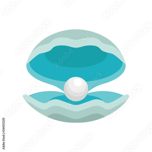 Turquoise seashell with pearl inside vector illustration. Open clam or scallop with beautiful pearl isolated on white background. Nature, summer, sea life concept