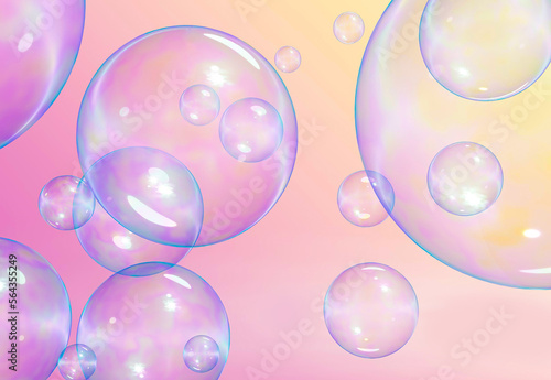 Soap bubbles on a pink orange gradient background.3D illustration.