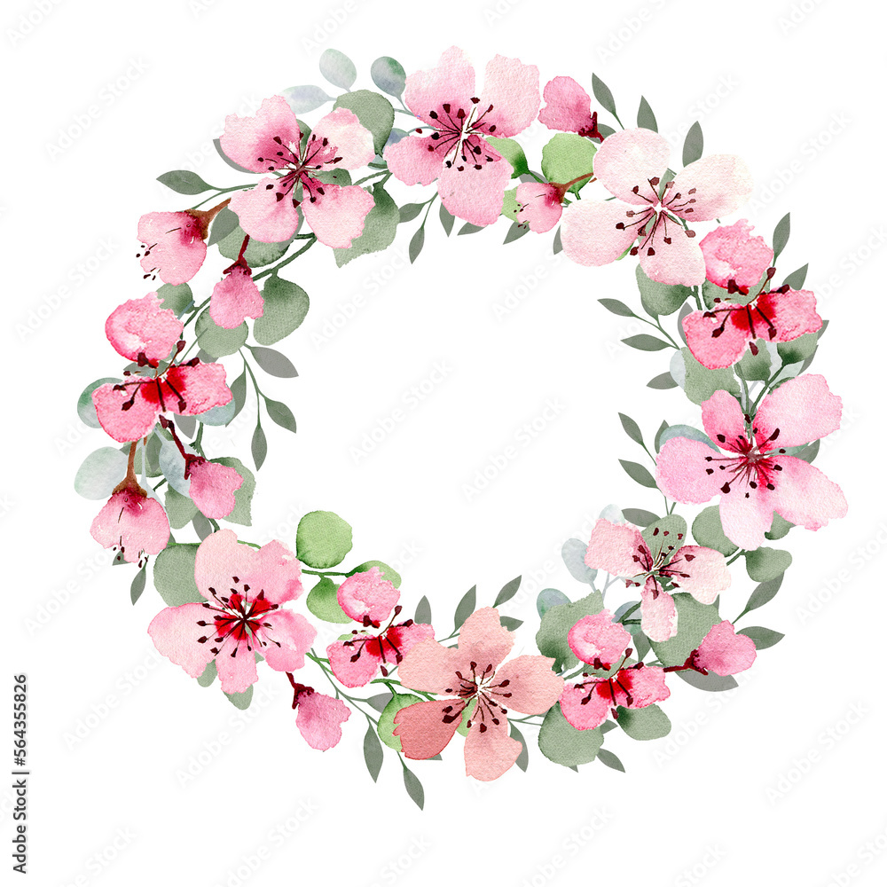 Watercolor sakura flowers wreath. Spring cherry blossom hand painted illustration for greeting card and wedding invitations