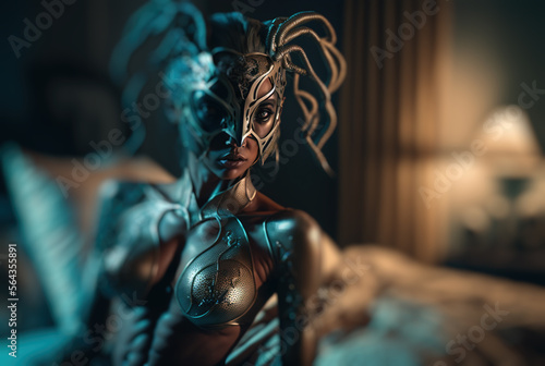 A Fantasy secret fabuloussexy woman , forest and sea nymph with masquerade mask and  lies on bed at luxury hotel Valentines day,generative ai. © Nokhoog