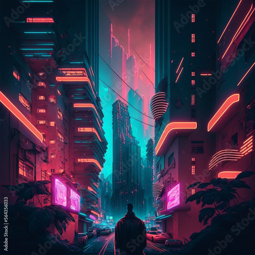 Futuristic neon city background created with Generative AI technology
