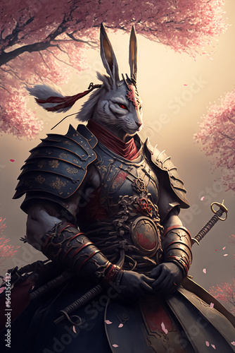 Samurai bunny warrior on sakura tree background. Generative AI