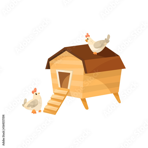 Cute comic hens and chicken coop vector illustration. Cartoon drawing of rooster or domestic bird character near wooden henhouse or building isolated on white background. Animals, farming concept