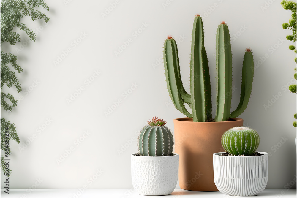 Small cacti with a white wall background photography made with Generative AI technology Small cacti with a white wall background photography made with Generative AI technology