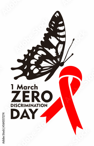 Zero Discrimination Day 1 March. Suitable for Greeting Card, Poster and Banner. Poster with butterfly in linocut. Vector stock illustration isolated on white background.