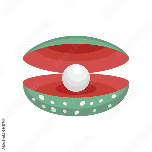 Green oyster with pearl inside vector illustration. Open clam or scallop with beautiful pearl isolated on white background. Nature, summer, sea life concept