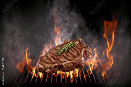 grilling steak on a barbecue party, with fire, thyme, season, family dinner