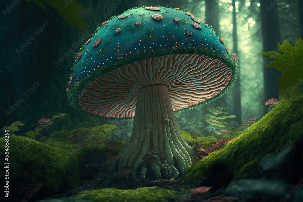 Fantasy Blue Mushroom Illustration, Underground Giant, Generative Ai