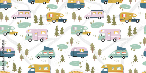 Road trip seamless pattern, doodle camper vans, vanlife, adventure - great for textiles, banners, wallpapers - vector design