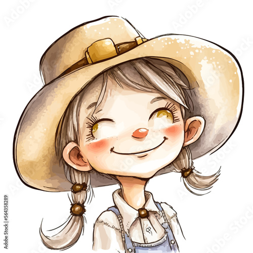 A girl dresses up in a cowgirl costume, a richly colored vector representation for use in graphic design or to evoke the American West.