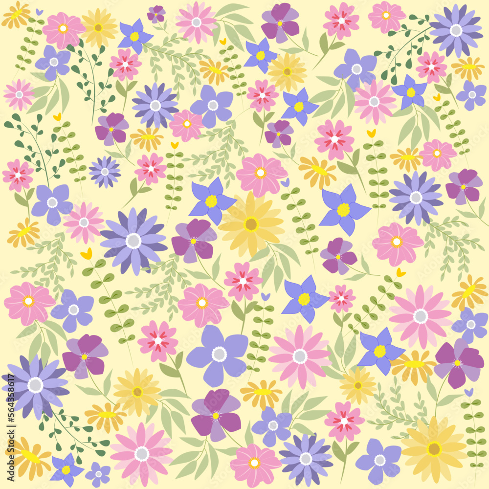 Fondo floral en tonos amarillos, lila y rosa.