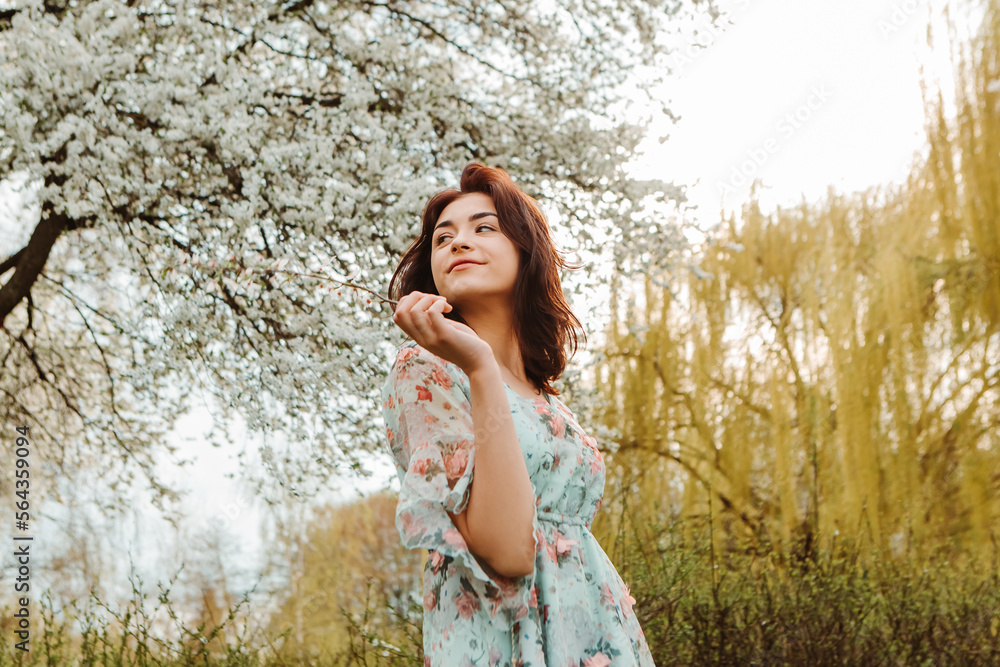Portrait of charming pretty woman dressed flowery dress posing near apple cherry tree blossoms blooming flowers in the garden park in early spring nature. Fashion, girl model with black hair
Portrait of charming pretty woman dressed flowery dress posing near apple cherry tree blossoms blooming flowers in the garden park in early spring nature. Fashion, girl model with black hair
