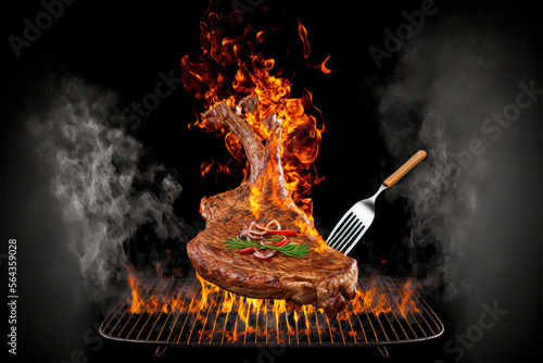 grilling steak on a barbecue party, with fire, thyme, season, family dinner