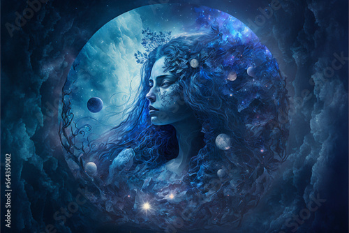Constellation Blue Moon Fantasy art Portrait With A Long Hair Women Face and Blue Sky Generative AI