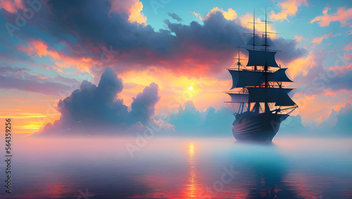 sunset over the sea ship , generative AI , illustration