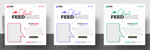 client feedback social media post banner. Customer feedback testimonial social media post web banner template. client testimonials social media post banner design template with red and blue color. 