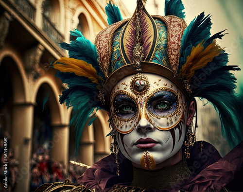 Carnival in Venezia, beautiful costumes. Venetian carnival. Luxury. Generative AI.