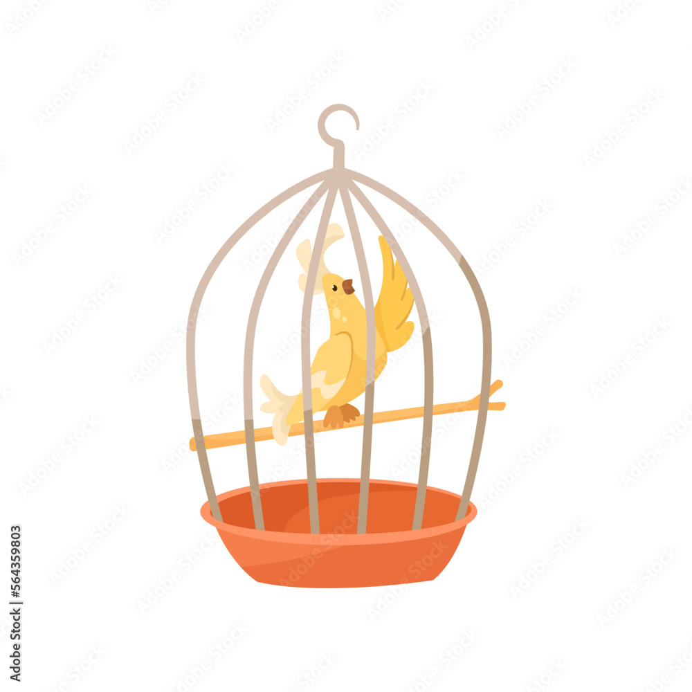 Comic parrot waving inside metal cage vector illustration. Cartoon drawing of domestic bird character sitting on perch or branch isolated on white background. Nature, pets concept