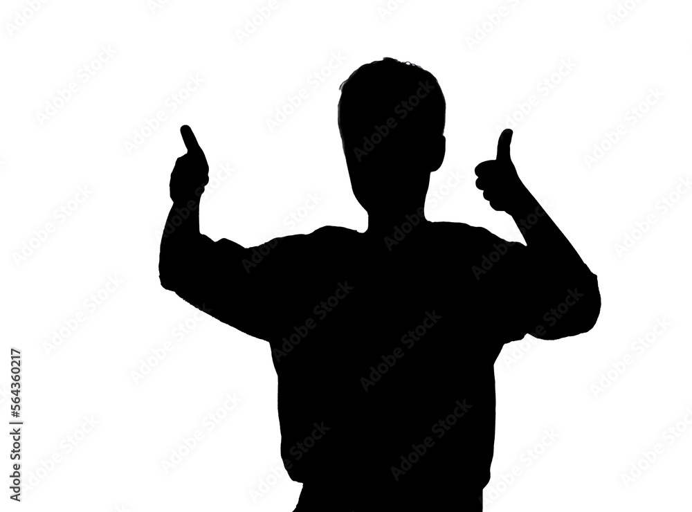 Silhouettes contour of guy holds thumbs up fingers and looking at camera. Black silhouette teenager that everything is fine, isolated empty background. Winner teen boy raised hands in honor of victory