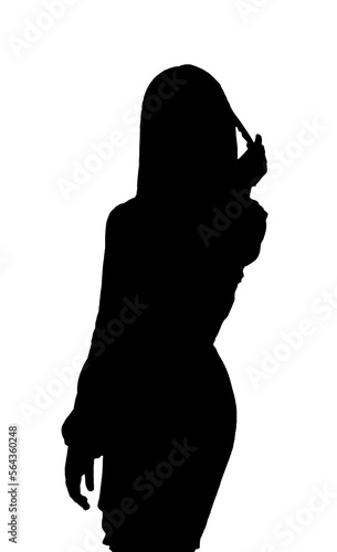 Silhouette of stylish teen girl at empty isolated background. Silhouettes teenage lady in fashionable clothes posing. Concept of style, fashion, beauty. Copy space